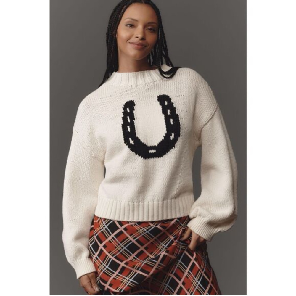 NWT RARE Anthropologie Pippa Mock Neck Icon Horse Sweater Crop Bubble Sleeve - M - Picture 4 of 11